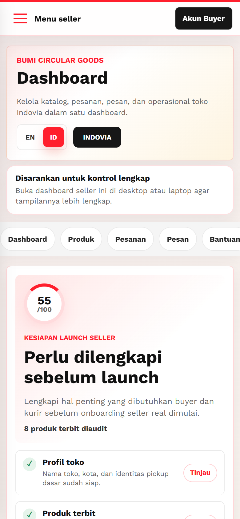 Switching Buyer/Seller Dashboard - Mobile screenshot