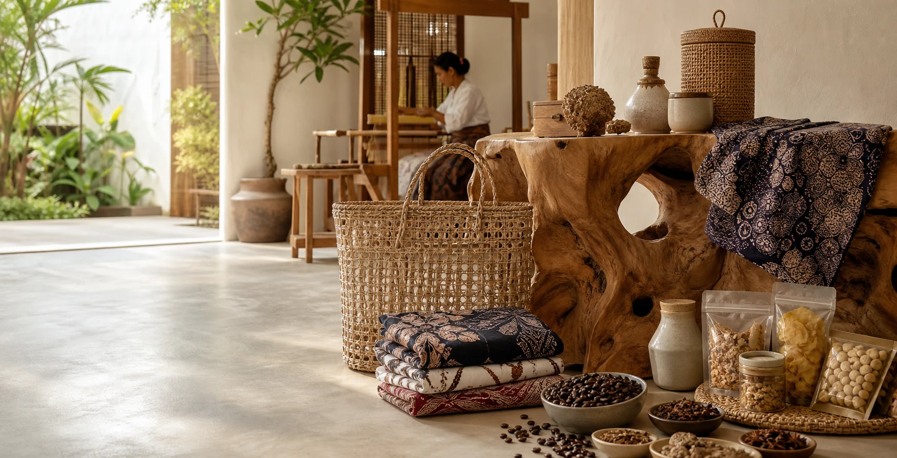 Indonesian furniture, rattan craft, textiles, coffee, spices, and pantry goods
