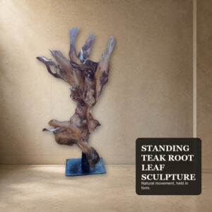 Standing Teak Root Leaf Sculpture – Organic Floor Art on Painted Base