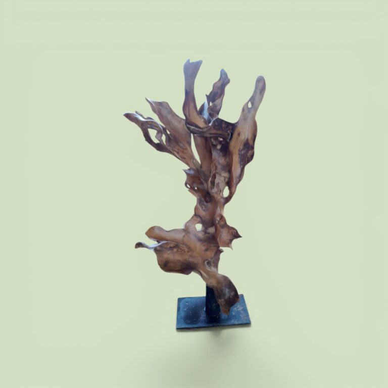 Standing Teak Root Leaf Sculpture – Organic Floor Art on Painted Base