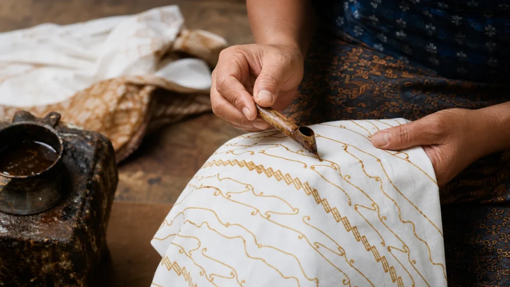 Close view of a maker applying hot wax lines to batik cloth with a diagonal motif.