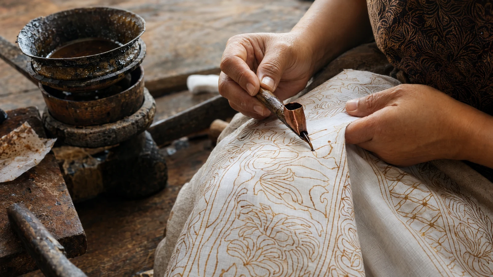 An artisan applying wax with a canting tool during the batik-making process.