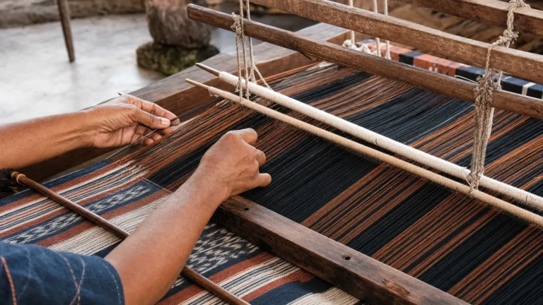 Hands aligning resist-dyed threads on a loom during an ikat weaving process.