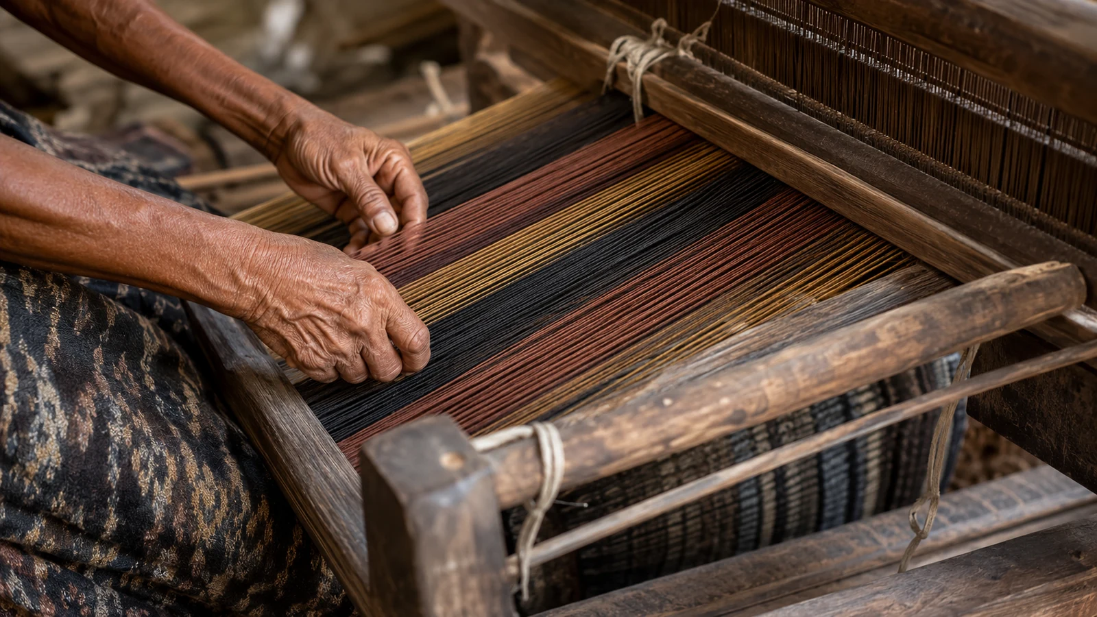 A weaver aligning dyed warp threads on a traditional wooden loom in East Nusa Tenggara.