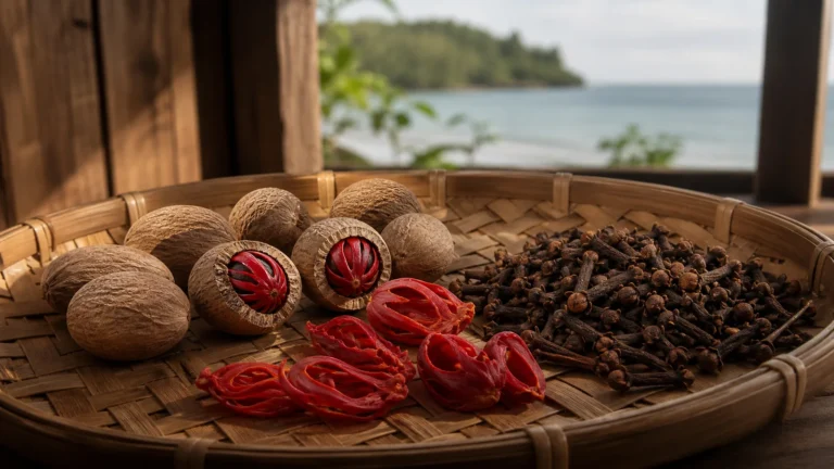 Whole nutmeg, mace, and cloves arranged on a woven tray in natural light.