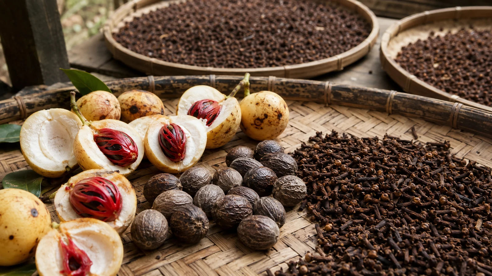 Fresh nutmeg with red mace, dried nutmeg, and cloves arranged on woven drying trays.