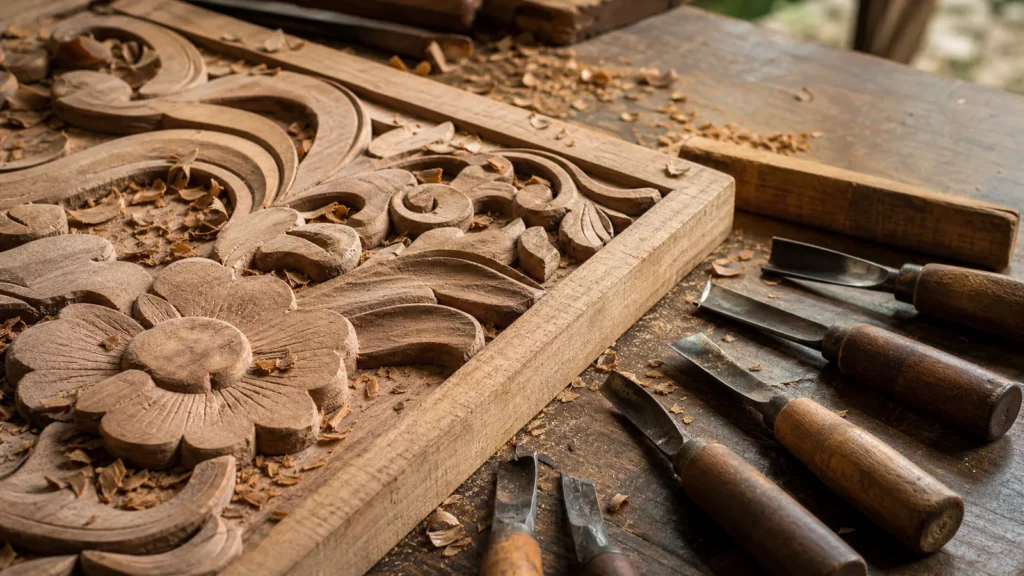 Carving chisels, wood shavings, and a floral wood panel in progress on a workshop bench.