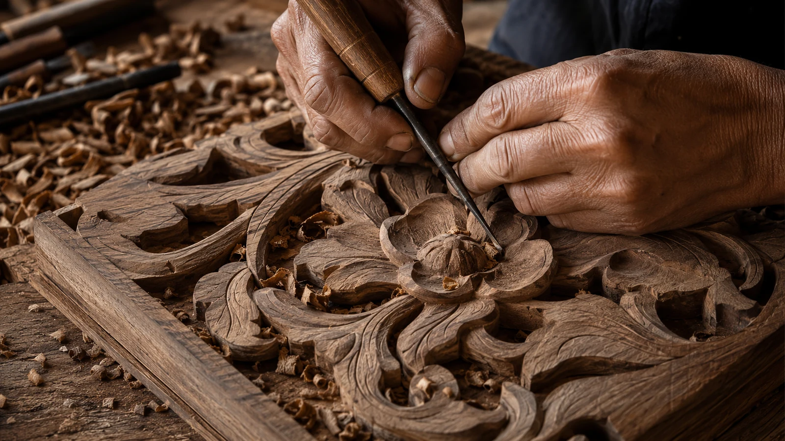 An artisan carving a detailed floral motif into teak wood with a traditional chisel.