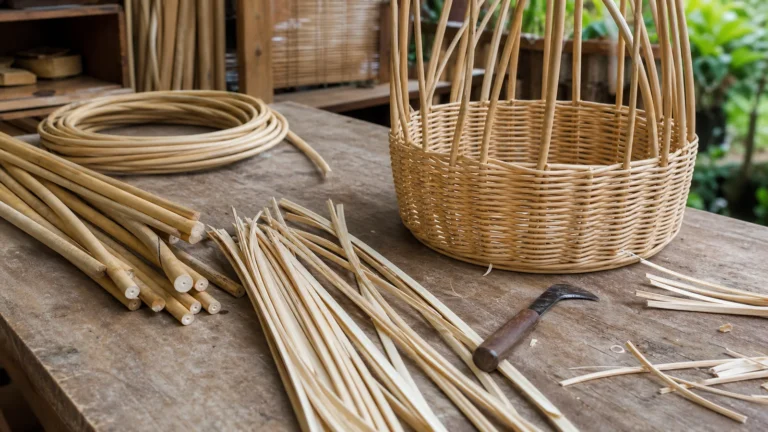Natural rattan canes, split strands, and a partially woven basket on a workshop table.