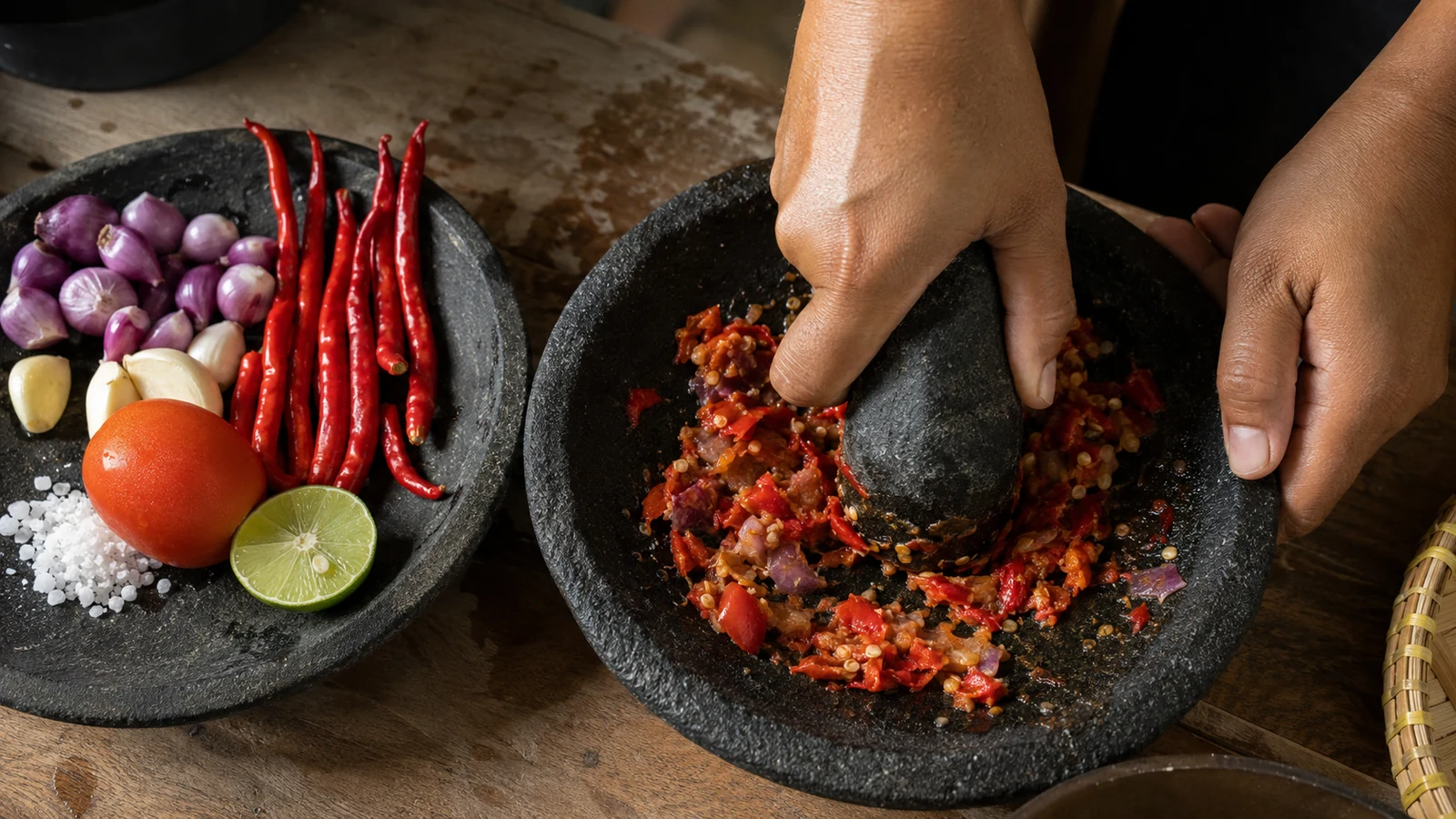 Fresh chillies, shallots, garlic, tomato, and lime being ground into sambal in a stone mortar.