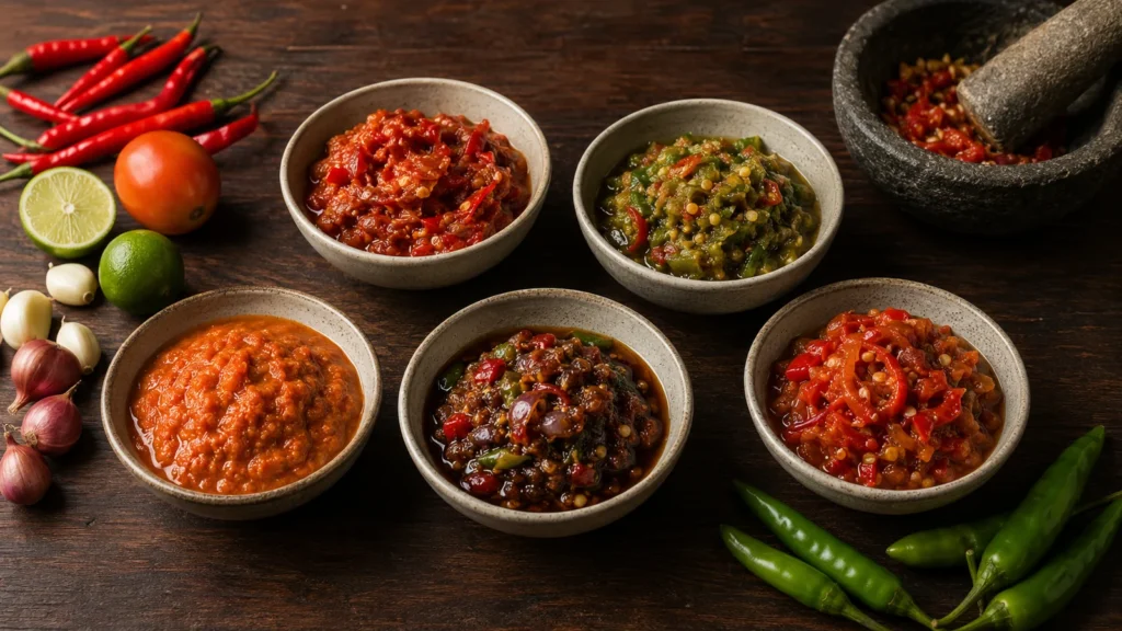 Several Indonesian sambal varieties in small ceramic bowls beside chillies, lime, aromatics, and a stone mortar.