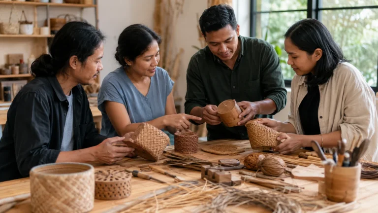 Small-business makers reviewing natural materials and finished craft pieces together at a workshop table.