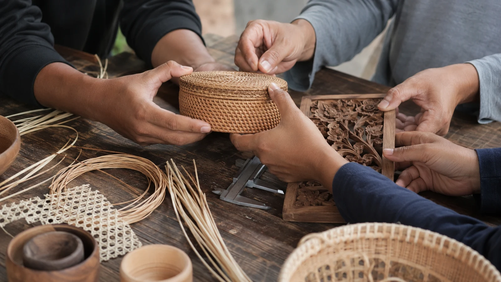 Several makers reviewing woven and carved products together at a workshop table.