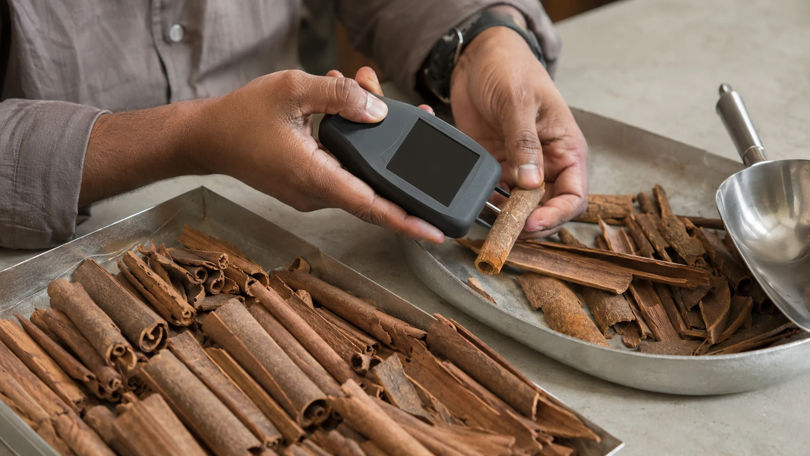Cinnamon quills and broken bark being checked with a handheld quality inspection meter.