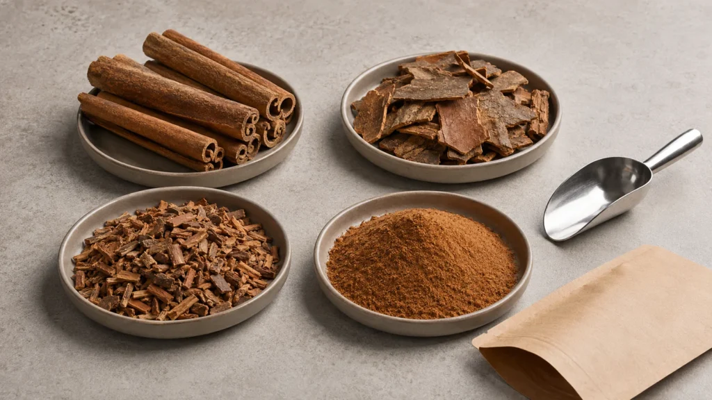 Cinnamon quills, broken bark, chips, and powder arranged in separate sample trays for quality comparison.