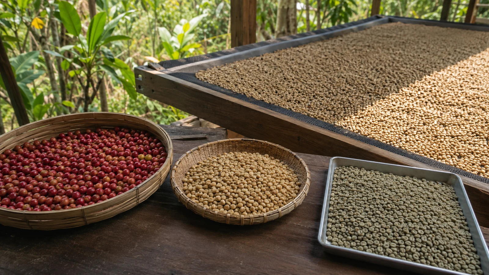 Coffee cherries, parchment coffee, drying beans, and green coffee shown in separate processing stages.