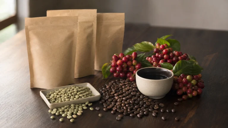 Green coffee beans, roasted beans, coffee cherries, sample bags, and a cupping bowl arranged for quality review.