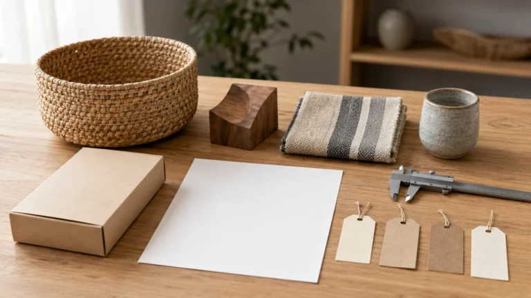 Handmade product samples, measuring tools, packaging, and a blank specification sheet arranged for buyer review.
