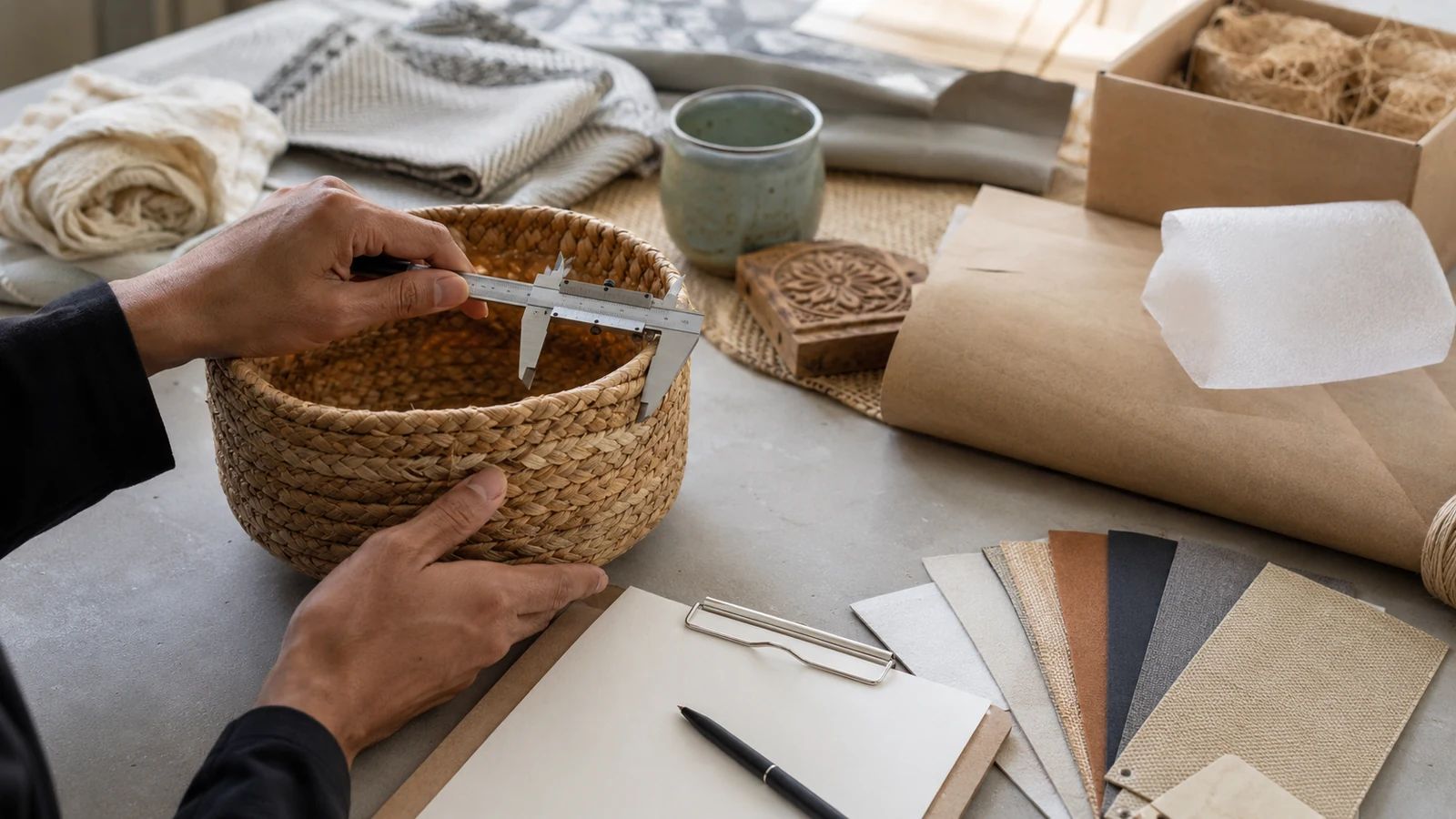 A woven basket being measured beside packaging materials and handmade product samples.